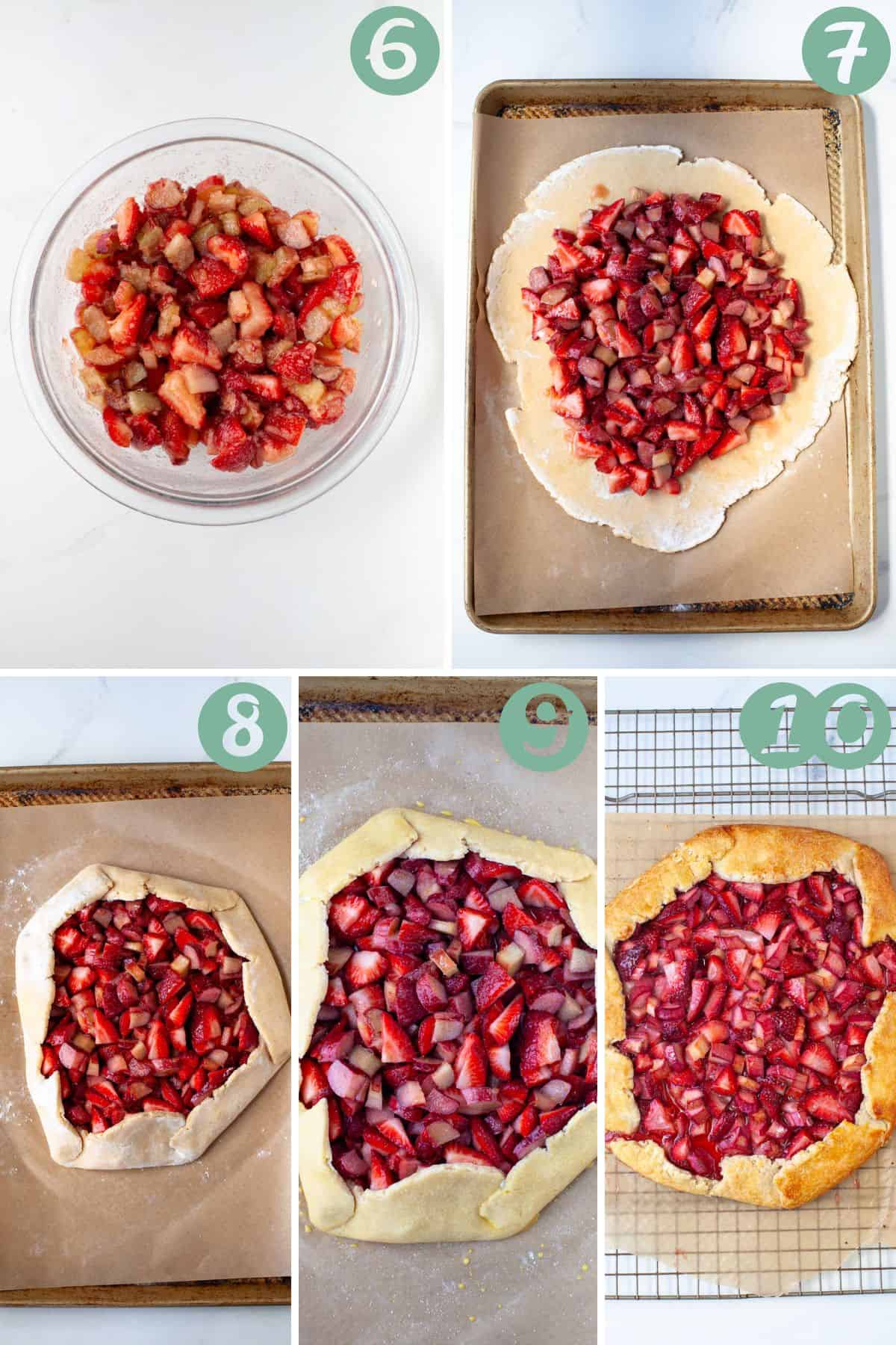 step by step graphic of how to make strawberry rhubarb galette; steps 5-10. 