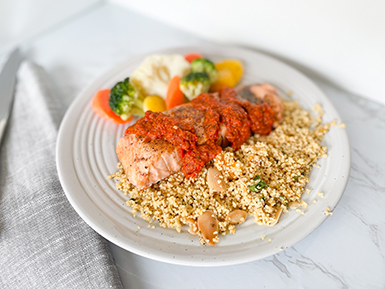 Harissa Salmon with Mandarin Orange Almond Cous Cous and a Veggie Blend