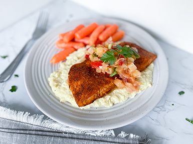 Baked Salmon with Pineapple Salsa, Turnip & Parsnip Veggie Puree and Ginger Carrots
