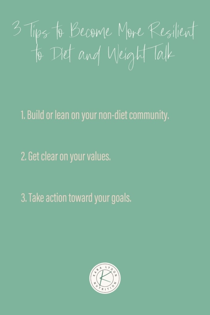 Graphic listing 3 tips to become more resilient to diet and weight talk